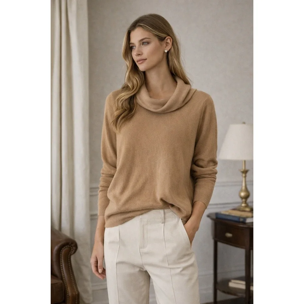 Banana Republic Petite XS Camel‎ Brown Cowl Neck Tunic Sweater Cotton Blend